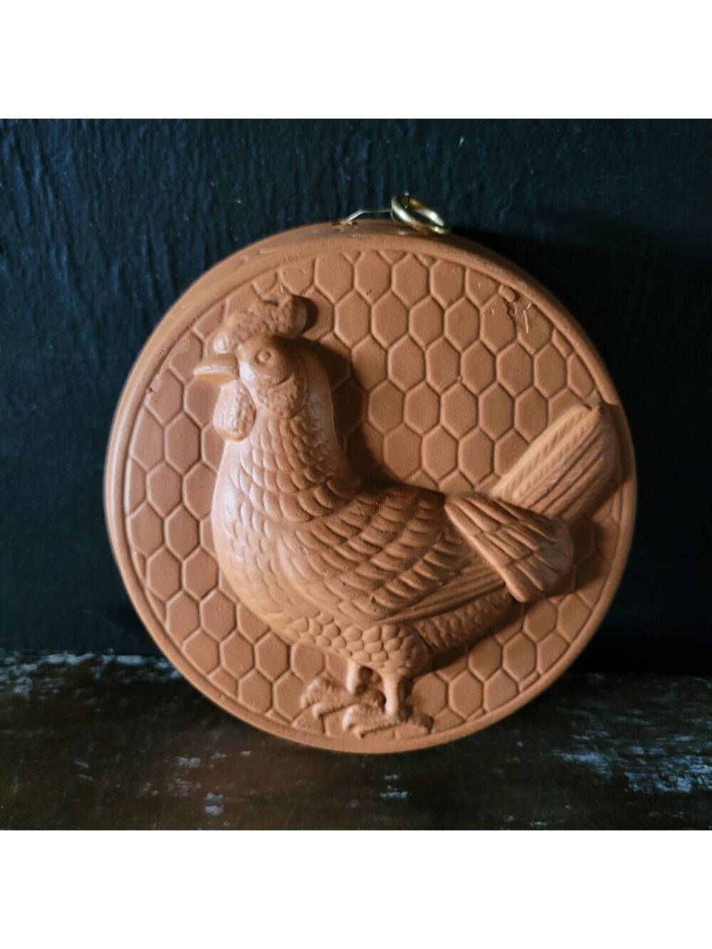 Vintage Terracotta Redware Clay Mold Rooster Wall Decor Hanging Round, Cottageco